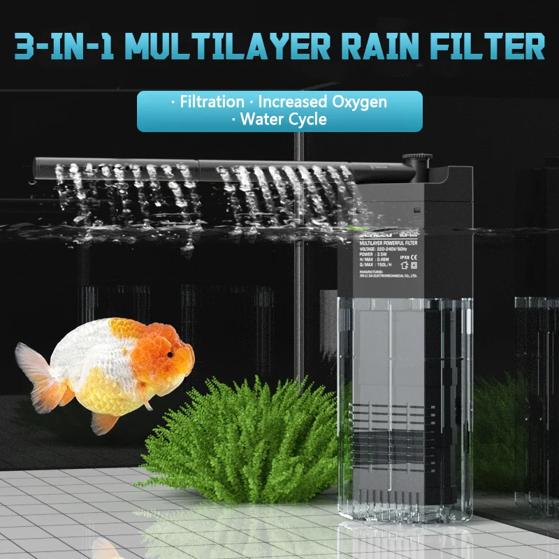 Filtro de tanque de peces, bomba sumergible para acuario, tanque de tortuga, filtro de bajo nivel de agua, bomba de oxígeno silenciosa integrada, filtro 3 en 1 para acuario