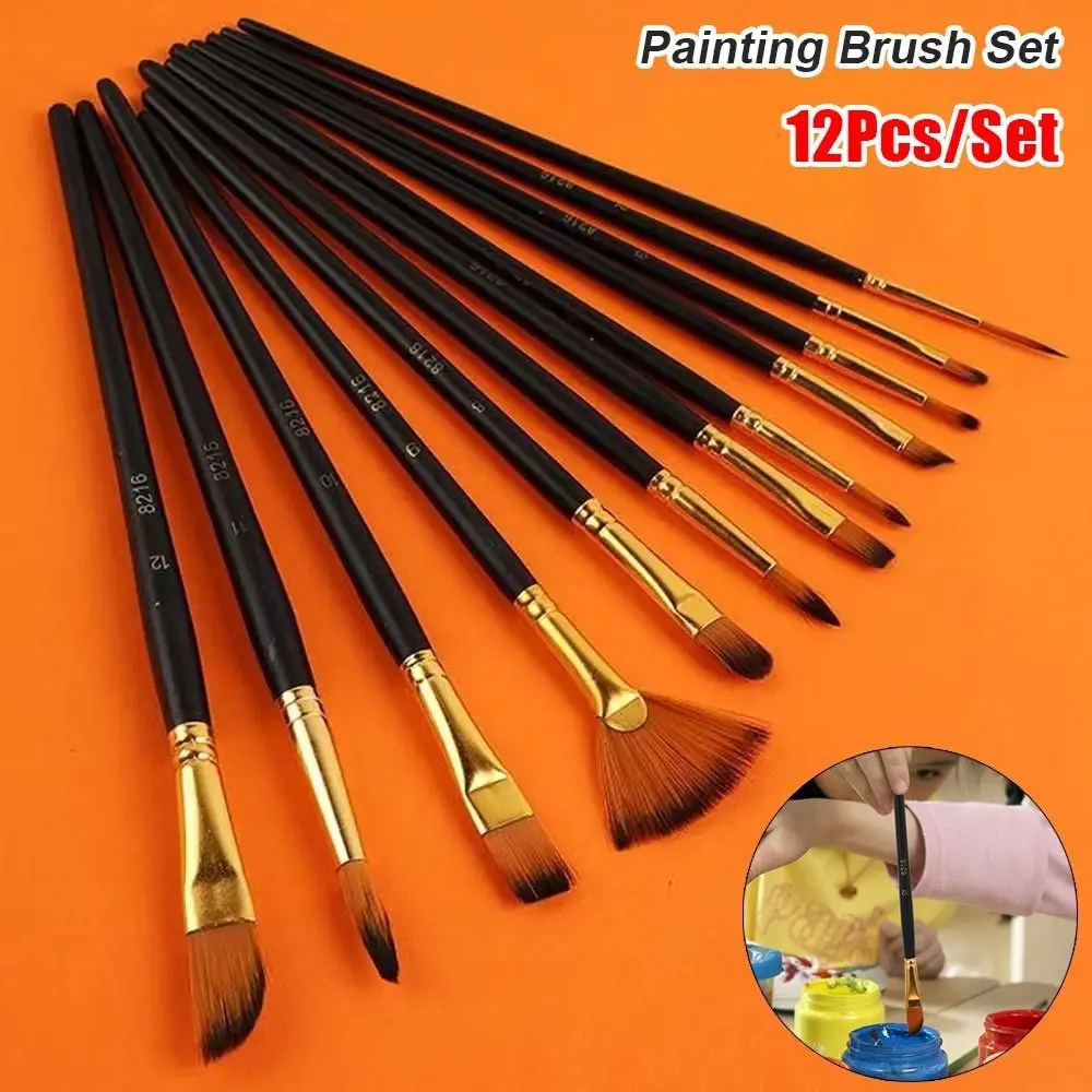 12 pçs/set conjunto de escova de pintura de cabelo de náilon multi-funcional materiais acrílicos pincel de pintura a óleo aquarela guache haste de madeira curta