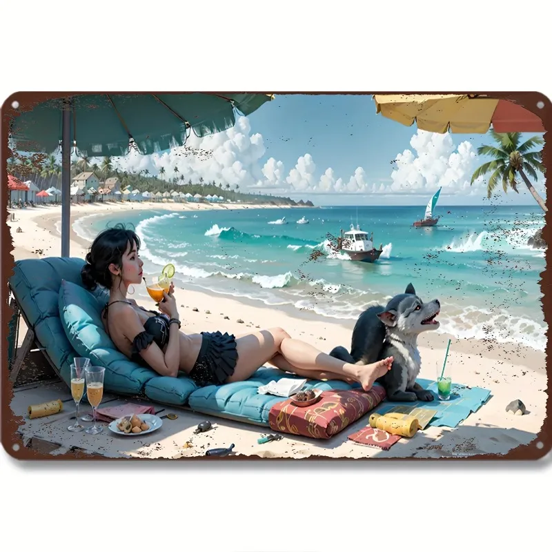 

Vintage Beach Scene Metal Wall Art - Aluminum Sign with Tropical Woman & Dog Relaxing on Beach Chair, Palm Trees & Ocean Waves