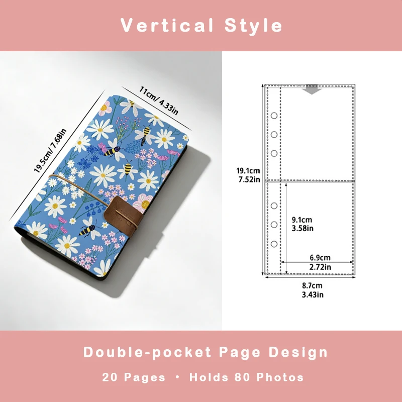 Light Blue Daisy Wildflower Bee Print PU Leather Photo Album 80 Pockets Portable Mini Instant Camera Photo Book Travel Picture