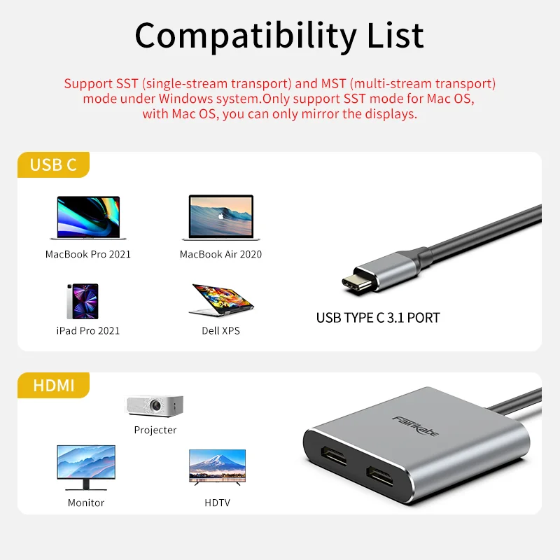 USB C to Dual HDMI Hub 4K60Hz Docking Station Type C to 2HDMI Adapter Splitter Multi Stream For Dell Laptop Tablet Thunderbolt3