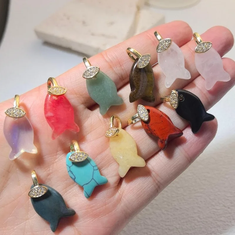 New Zircon Marquise Bail Natural Stone Fish Shape Pendant Ocean Style Animal Charms for DIY Necklace Jewelry Making Supplies