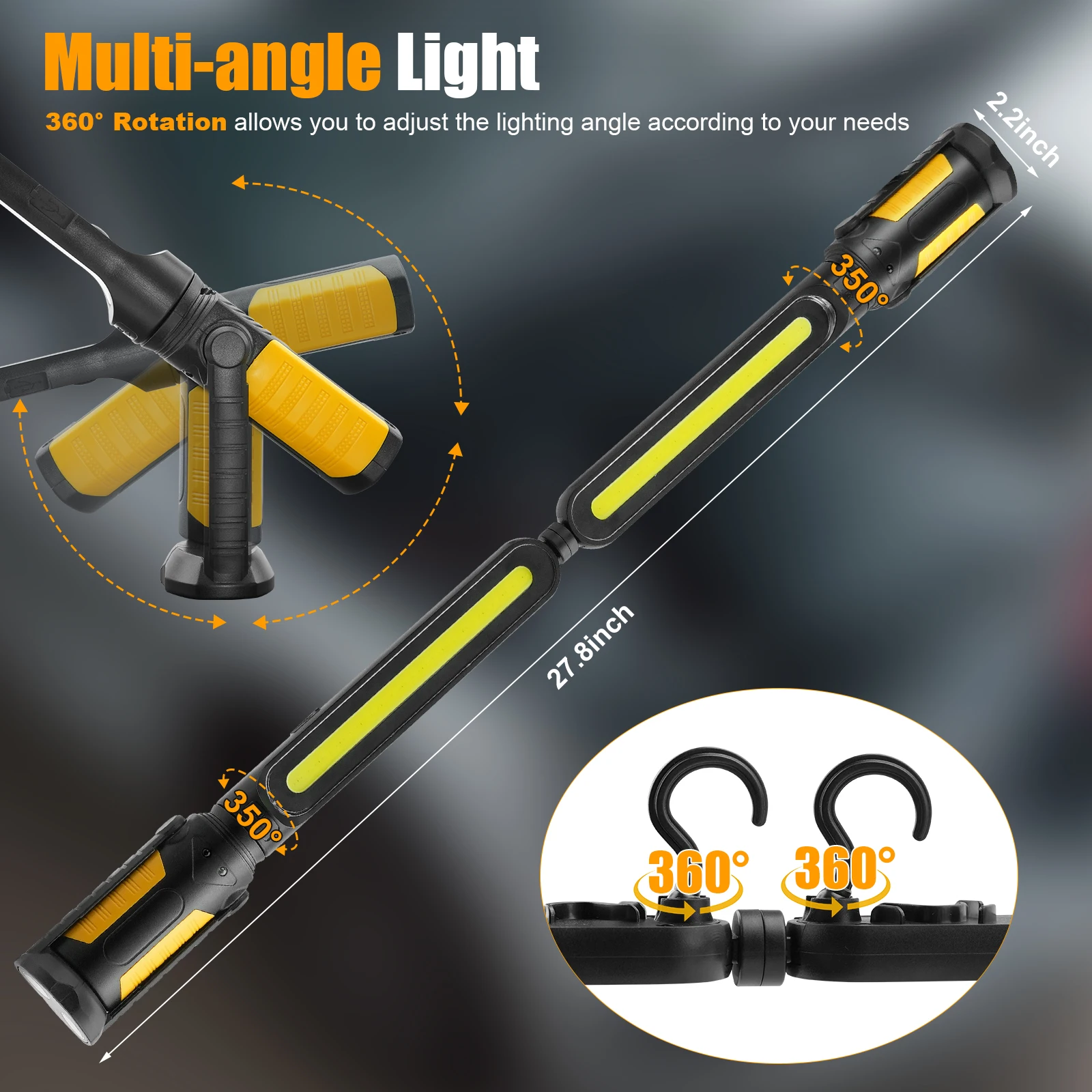 Mechanic LED Work Light Bar - 2400LM LED, 4400mAh Rechargeable with Hooks Magnetic Base for Car Repairing