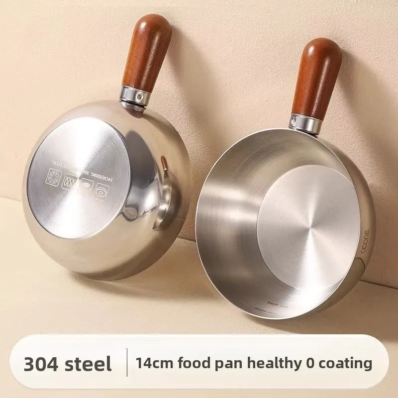 14cm Mini-Topf für Camping, Wohnheim und Küche, Edelstahl-Kochtopf mit Holzgriff, Tragbares Kochgeschirr Neu