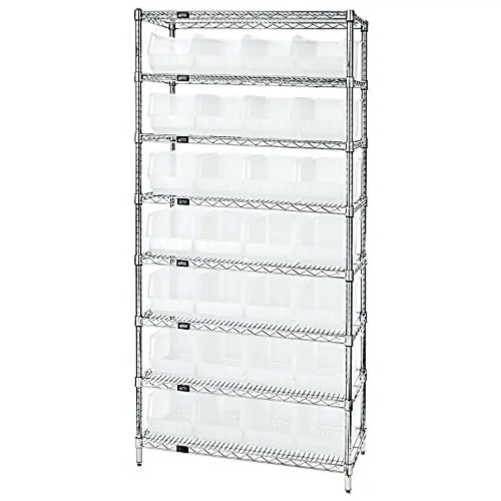 Quantum Storage Systems Wr8-240Cl 8-Tier Complete Wire Shelving System With 28 Qus240Cl Clear-View Ultra Hang-And-Stack Bins,