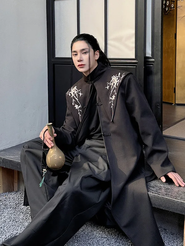 

Новое китайское шерстяное пальто с вышивкой, винтажное повседневное пальто средней длины, ветровка с воротником-стойкой на пуговицах