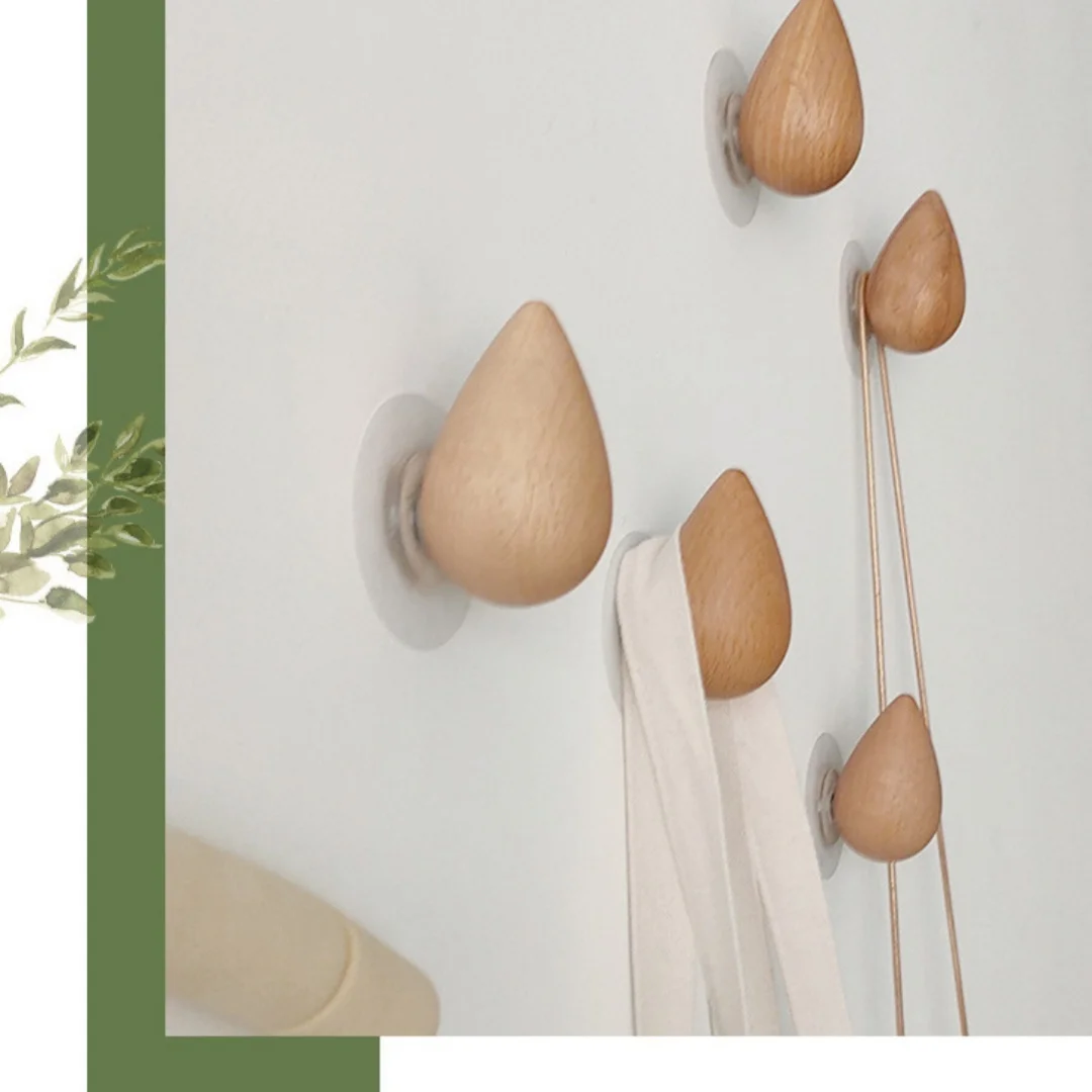 Beech Wood Teardrop Wall Hooks, Self-Adhesive No Drill Decorative Hangers for Coats Towels, Nordic Style for Bathroom Kitch