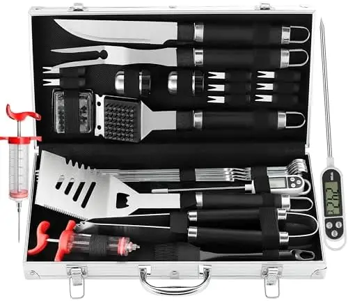 

Grilljoy 24-Piece BBQ Grill Set with Thermometer & Injector – Heavy-Duty Stainless Tools in Aluminum Case – Ideal Gift for Men