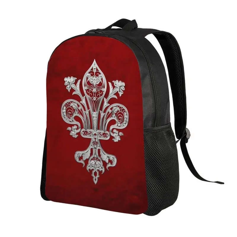 Silver Filigree Fleur De Lis Travel Backpack School Laptop Bookbag Lily Flower Fleur-De-Lys College Student Daypack Bags