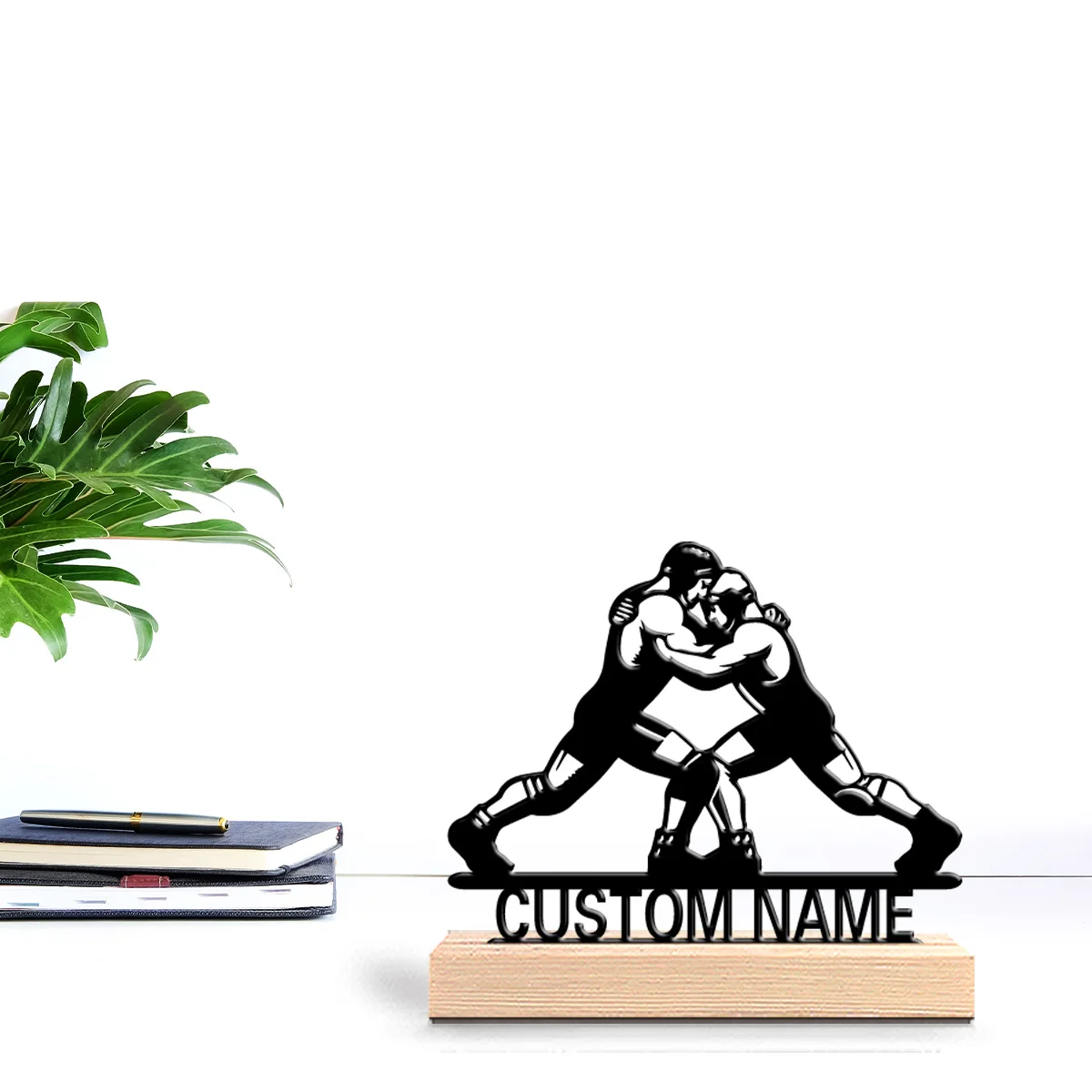 1pc Fashion Martial arts Personalized Text Metal Statue Iron Ornament With Wood Base Metal Sculpture With Wood Base Office Desk