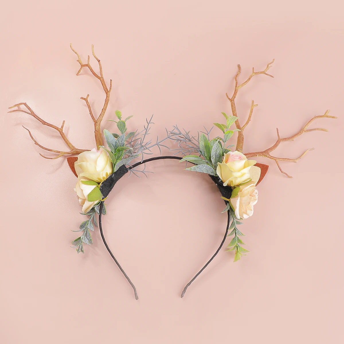 Haarband mit synthetischen Geweihblumen im Wald-Stil, Feenhaarband mit Baumspitzen, Cosplay-Kopfbedeckung für Weihnachten und Halloween, Foto- und Videodrehszenen – Detail 7