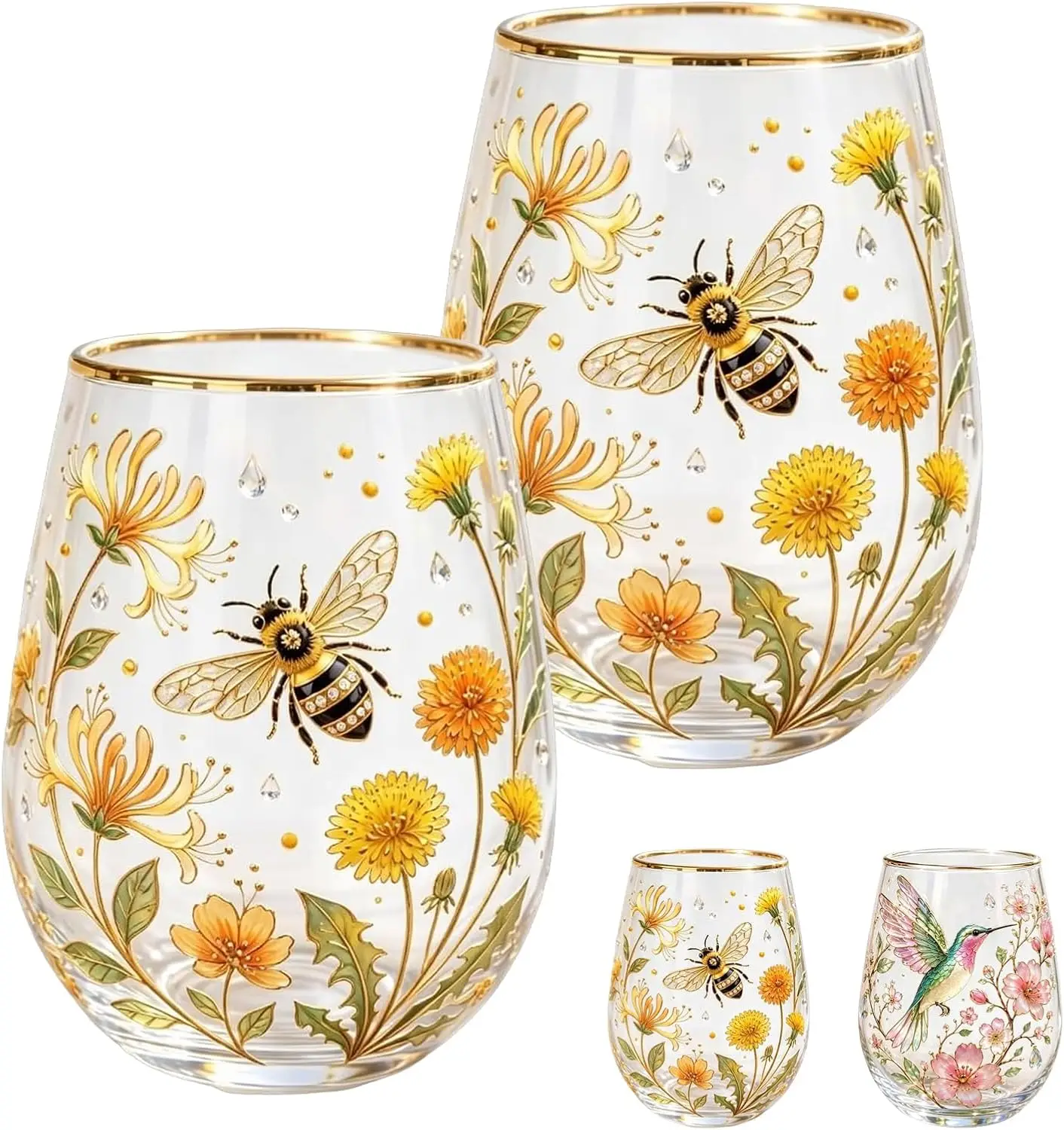 Taza de Té de Vidrio Garden Morning Bliss, Taza Transparente con Relieve Floral de Colibrí para Té, Café y Bebidas Frías, Borde Dorado con Diseño Natural para Mujeres