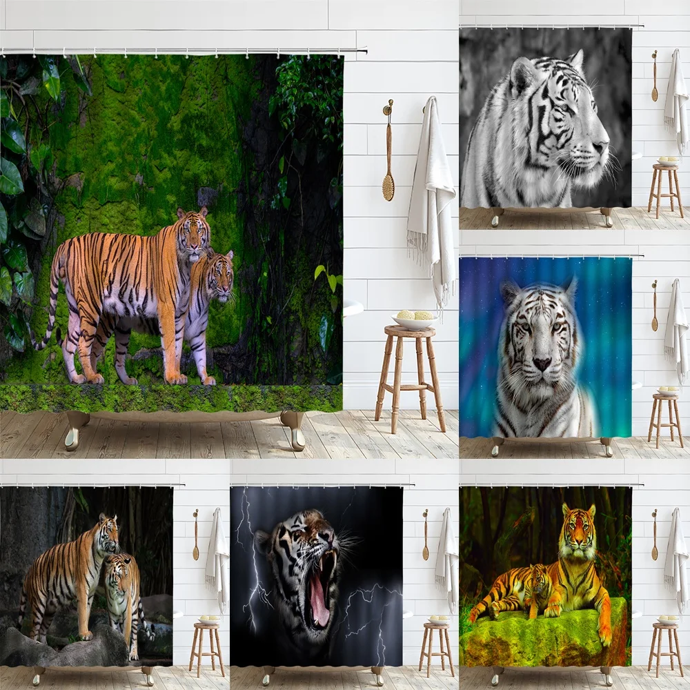 

3D Tiger Shower Curtain Hunting Primary Forest Wild Animal Tree Waterproof Fabric Bath Curtains Bathroom Decor Screen With Hooks