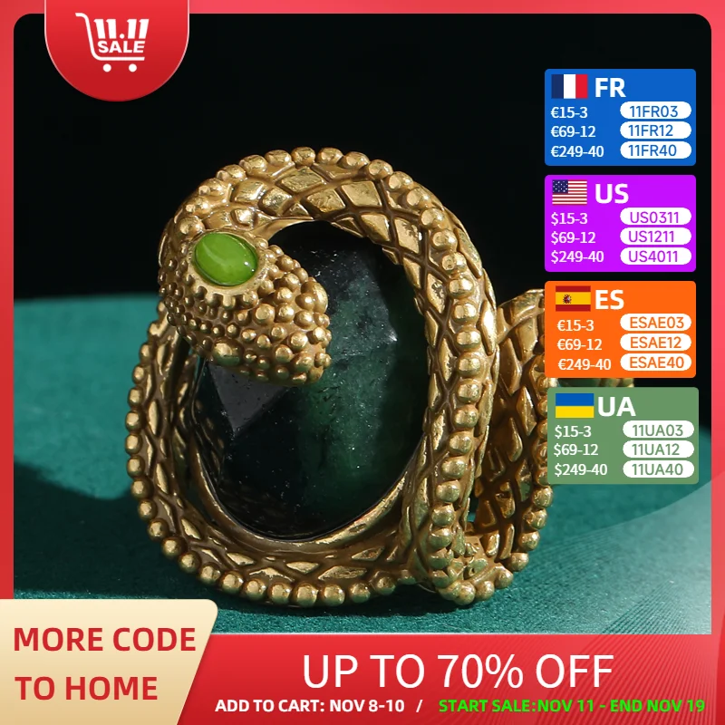 

Vintage Jewelry Big Gold Color Snake Ring Woman Green Natural Stone Rhinestones Designer Luxury Brand Accessories 2025 New