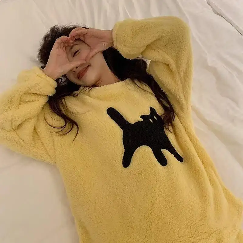 

Girl's Coral Fleece Pajamas Homewear Loungewear Plus Size Thicken Fleece-Lined Women's Cartoon Keep Warm Sleepcoat Autumn Winter