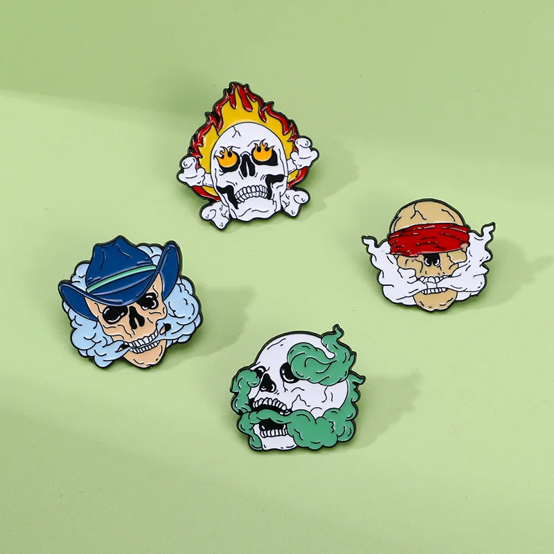 Creative Punk Style Skull Flame Smoke Evil Spirit Shape Cartoon Brooch Alloy Drop Oil Badge Pin For DIY Clothing Bags Decoration