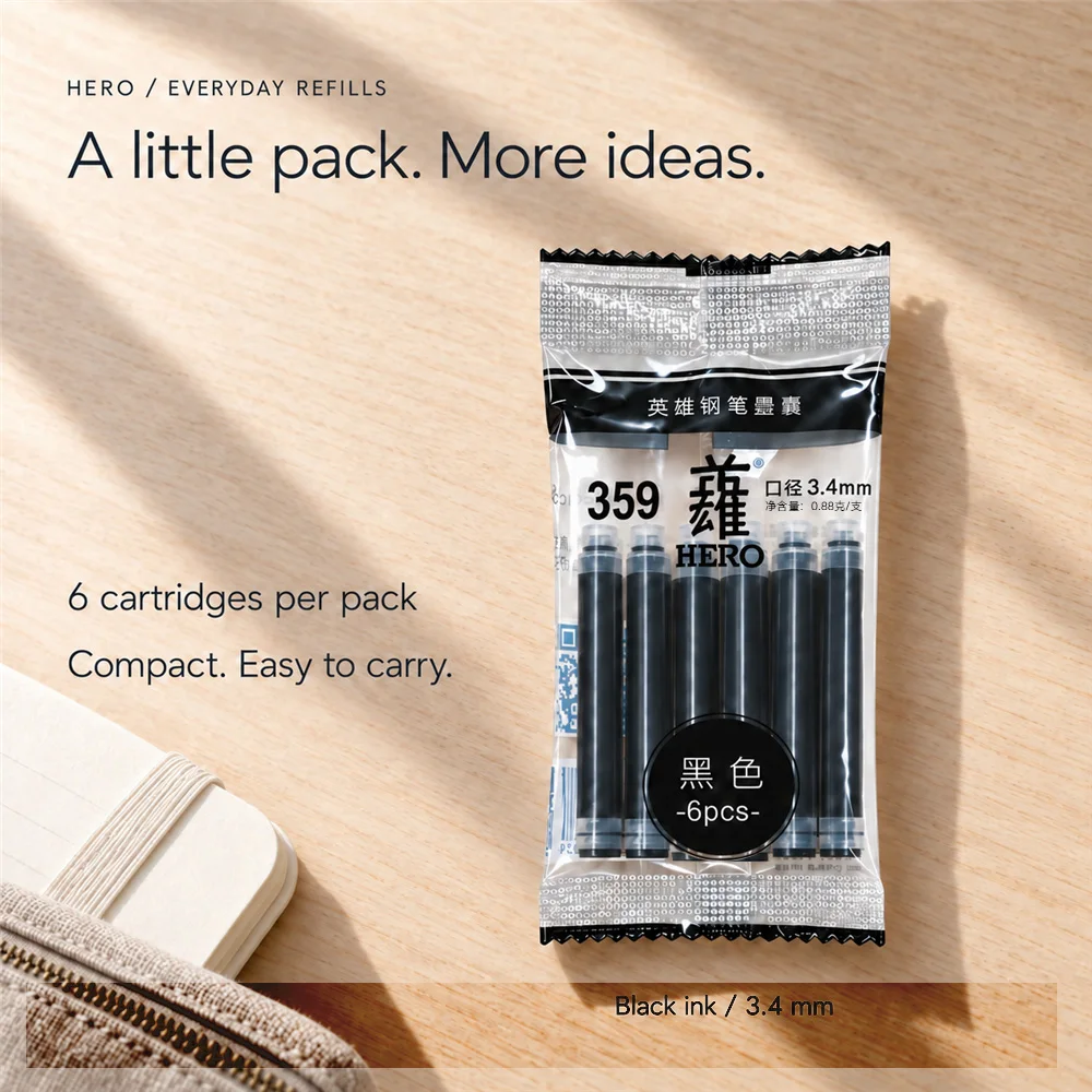6PCS HERO Fountain Pen Ink Cartridge Universal 2.6mm 3.4mm Non-carbon Ink Sac Refill, Black or Blue Optional - view 5
