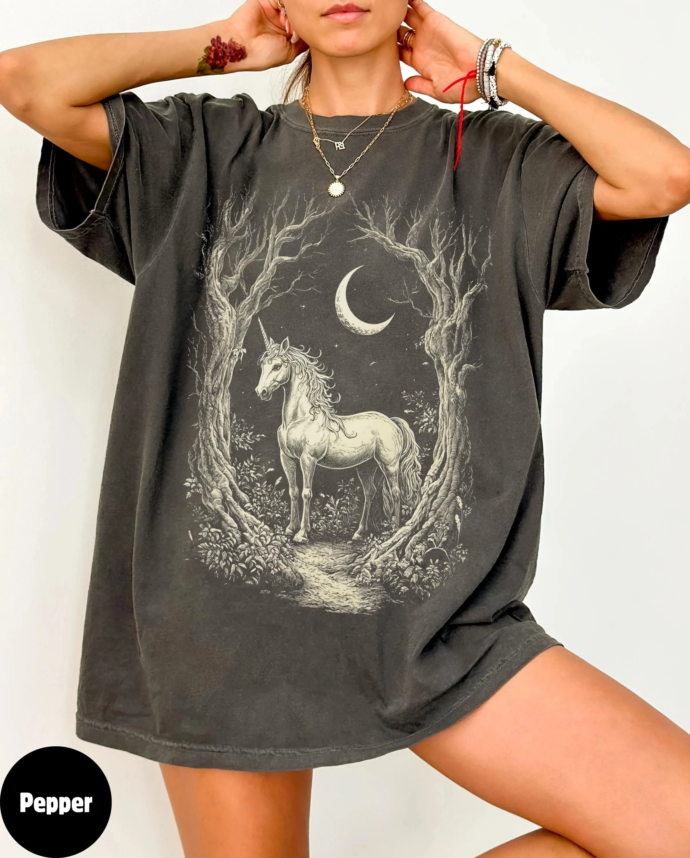 

Plus Size Summer Women's Vintage Magical Unicorn Pattern T-Shirt Cotton Breathable Stylish Versatile Street Style Oversized