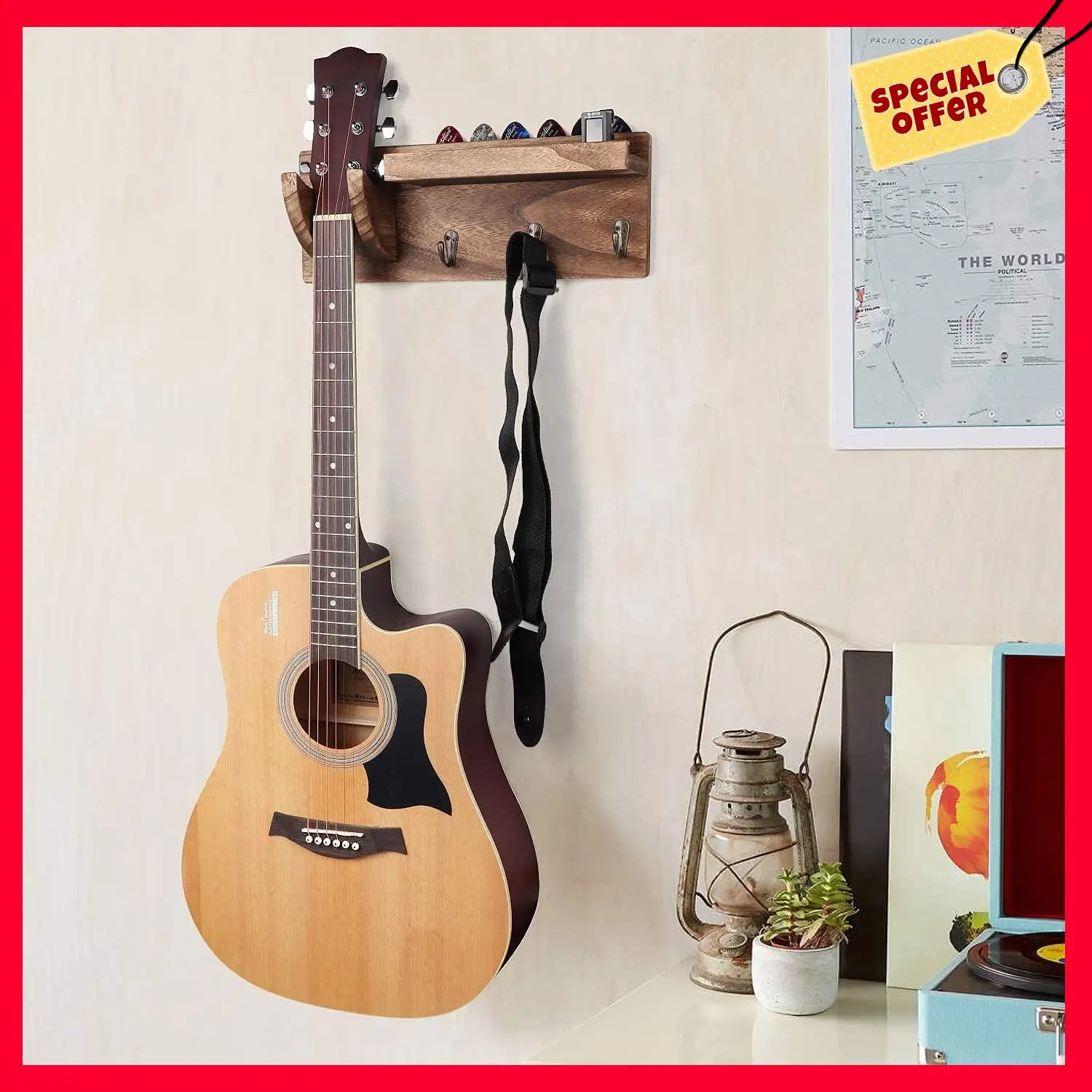 

-A25M Guitar Wall Hanger Guitar Holder Wall Mount Bracket Hanger Guitar Wood Hanging With Pick Holder And 3 Hooks Carbonized