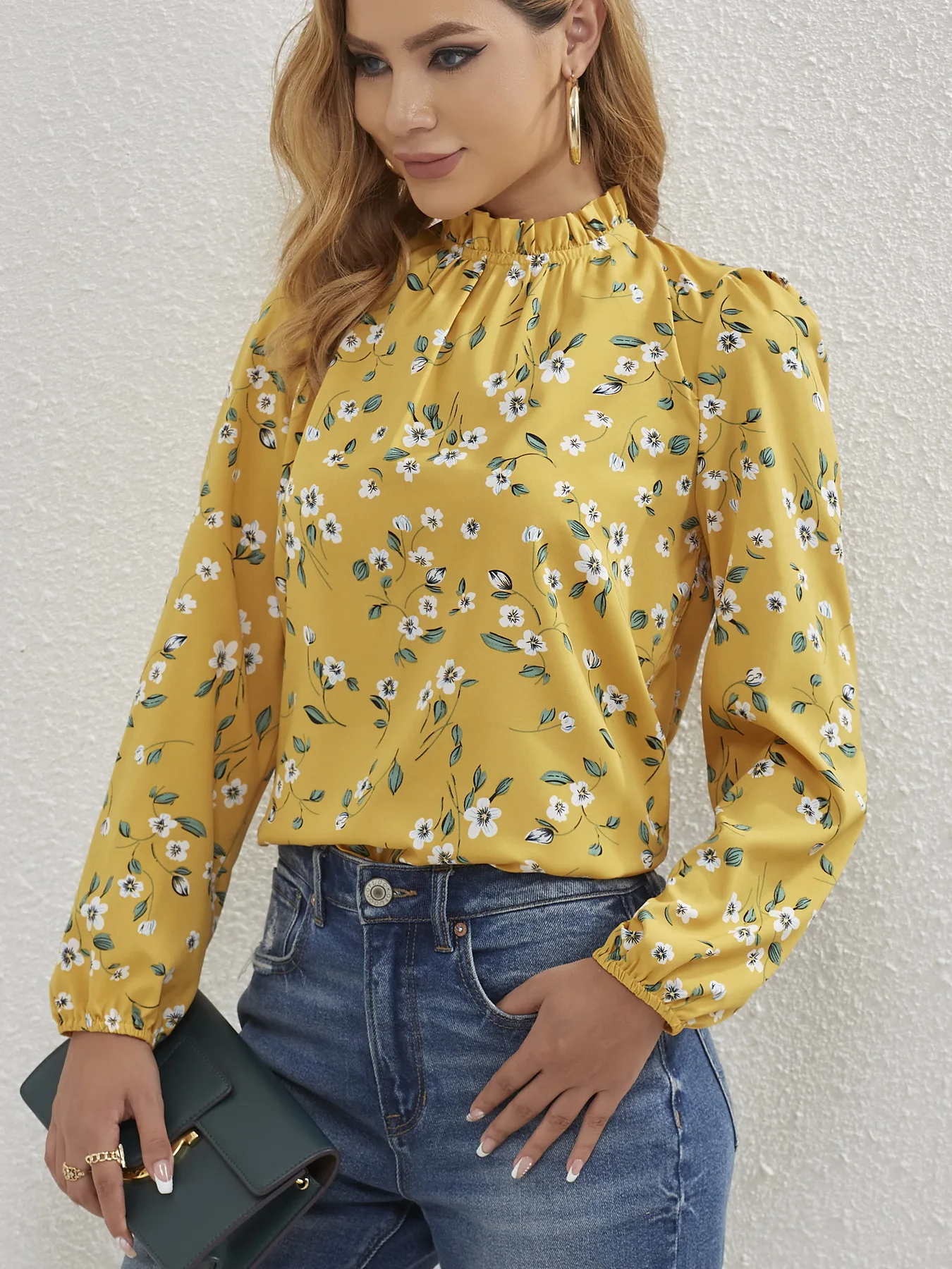 Women All Over Floral Print Frill Mock Neck Bishop Sleeve Blouse Ladies Long Sleeve Tops Shirts