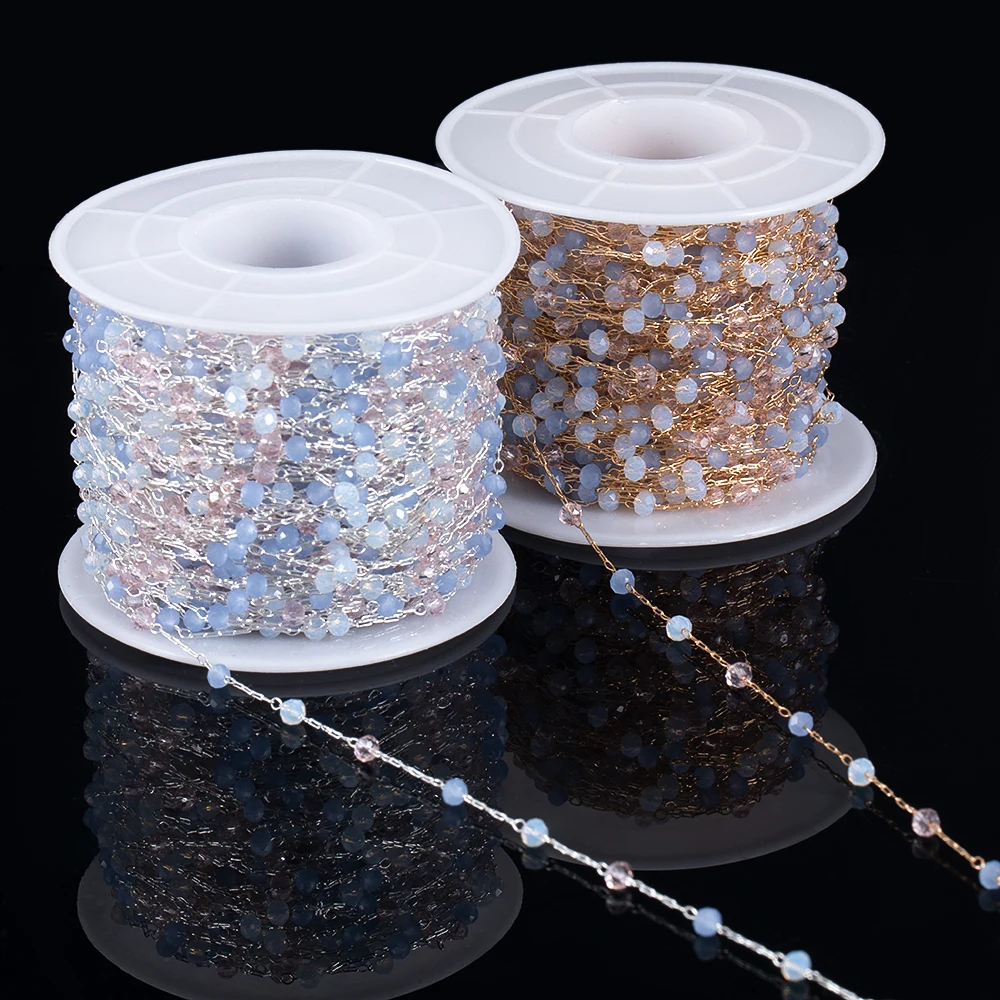 

50CM 1Meter 2mm Crystal Round Ball Blue Pink Beaded Chain Bead Copper Link Chains Necklace Bracelet DIY Jewelry Making Wholesale