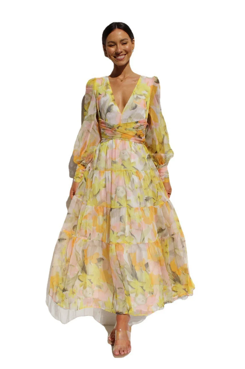 Bohemia Fashion Long Sleeves Deep V-neck Floral Print Chiffon Long Casual Maxi Dress For Women