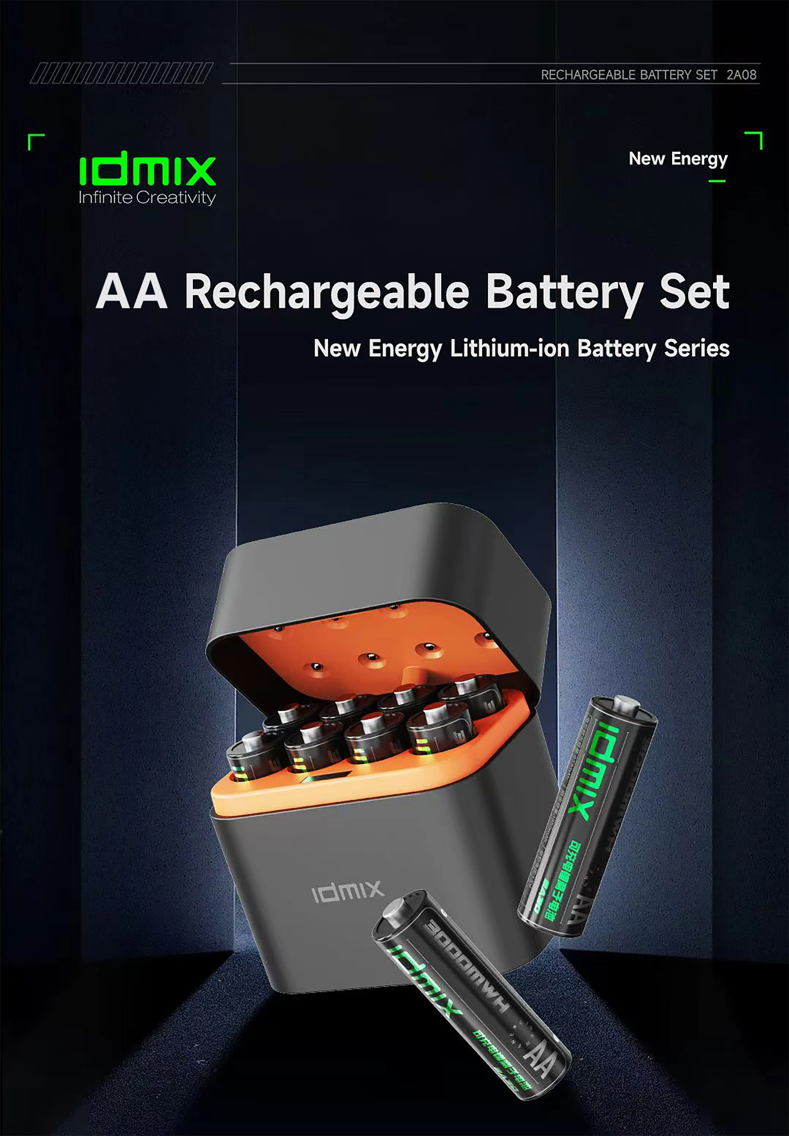 IDMIX AA Rechargeable Battery Set with 8pcs AA 1.5V lithium batteries Smart Battery Box Charging & Storage 2 in 1 1200+ cycles