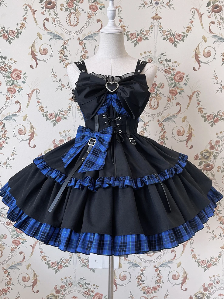 Hot Girl ~ Lolita Dark Klein Blue Plaid Waist Slip Dress by Alice girl ~ Pre-order