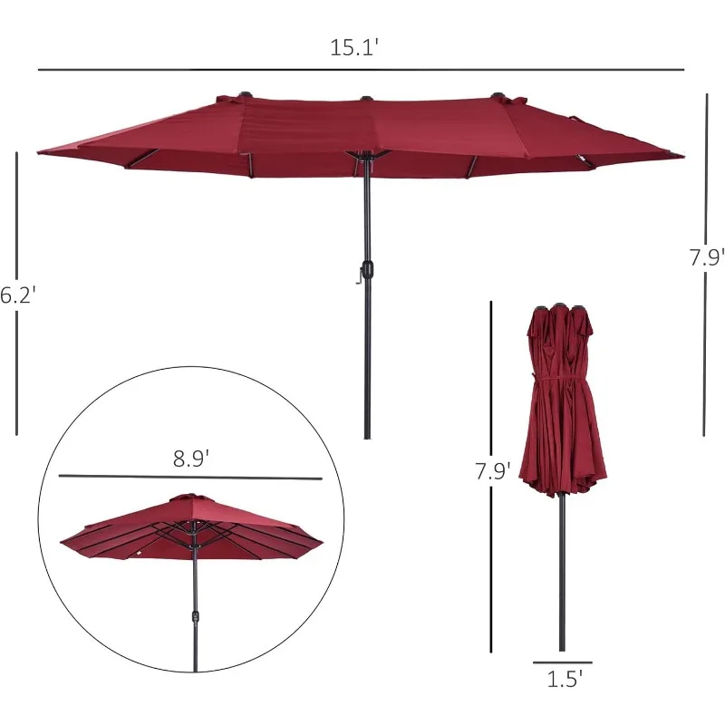 Outsunny Extra Large 15ft Patio Umbrella, Double-Sided Outdoor Umbrella with Crank Handle and Air Vents for Backyard, Deck, Pool