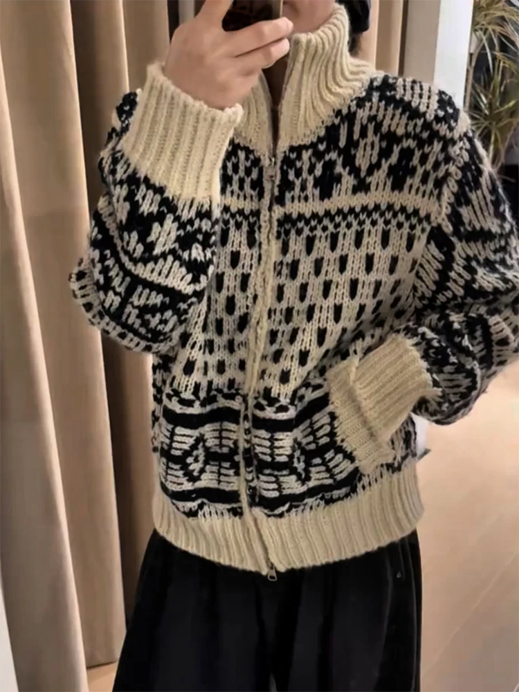 

Korean Sle Soft Knitted Floral Cardigan Autumn Winter plus Size Ele Slimming Top High Collar Long Sve Warmth Heating