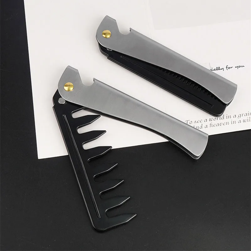 Foldable Men Hair Styling Comb Multi Function Stainless Steel Anti-static Comb With Bottle Opener Vintage Oil Head Styling Comb