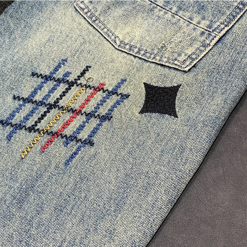 Washed and Scratched Cowboy, Handsome and Trendy, Sticky Fabric, High end Embroidered Printed, Loose Straight Tube Long Pants