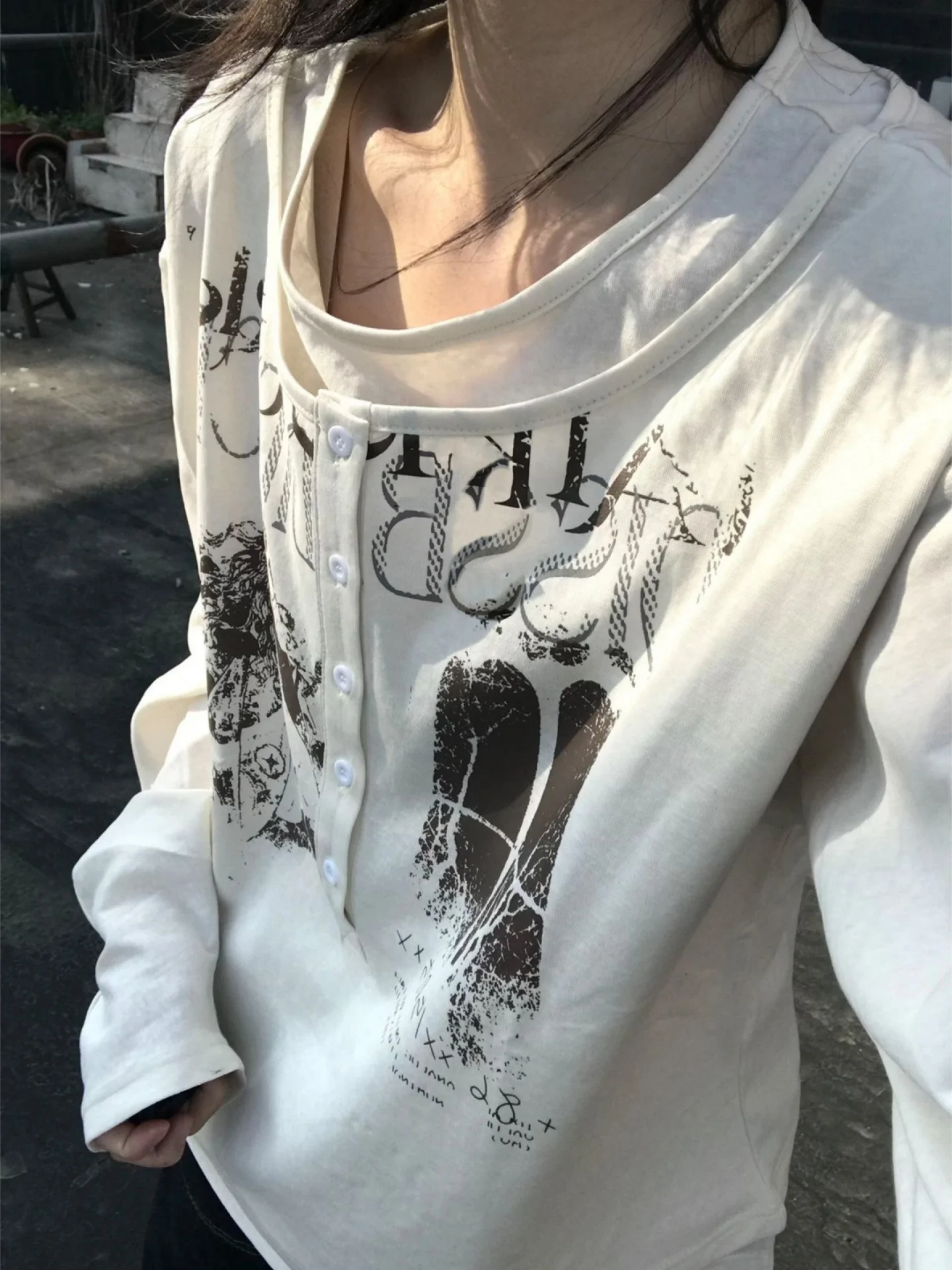 American Style Long Sleeve Henry Collar T-Shirt Unisex Y2K Subculture Retro Print Loose Base Layer Top for Teenagers