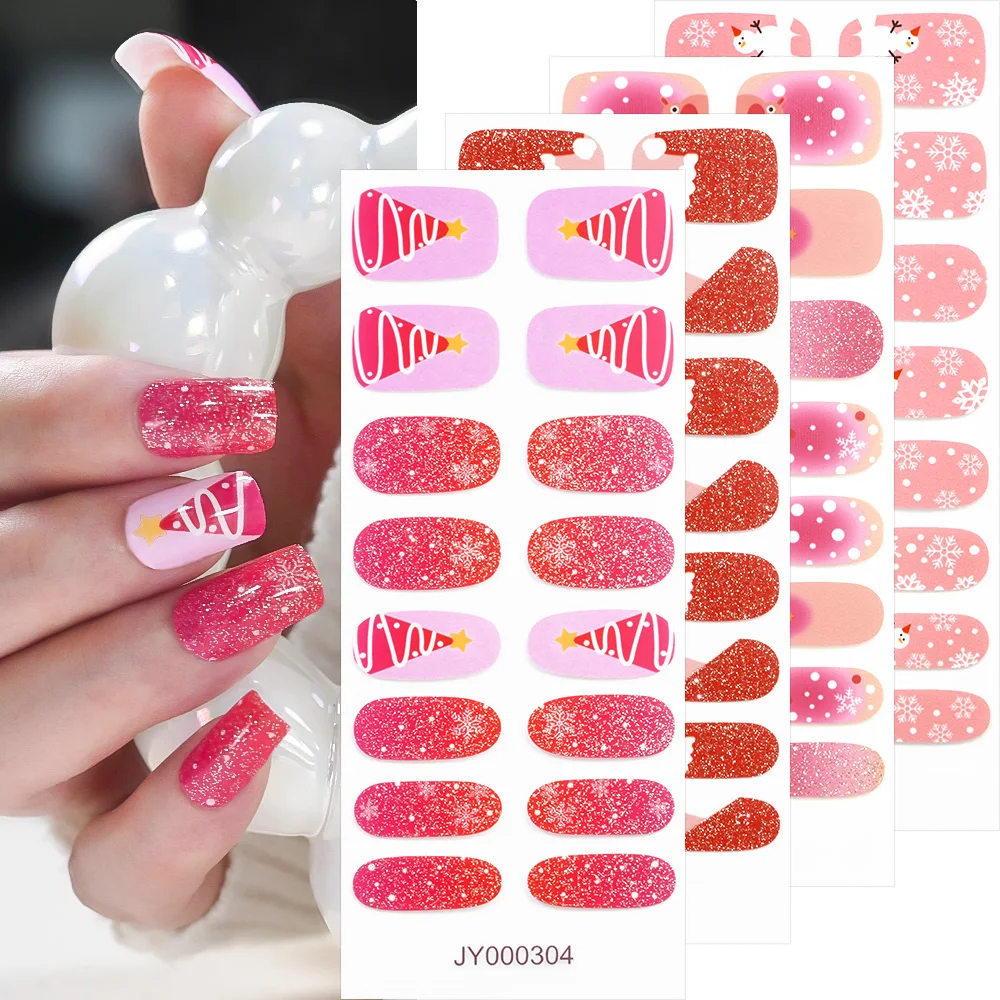 16Tips Christmas Valentine's Nail Art Stickers Waterproof Glitter Red Full Cover Adhesive Nail Polish Decal New Year Nail Decora