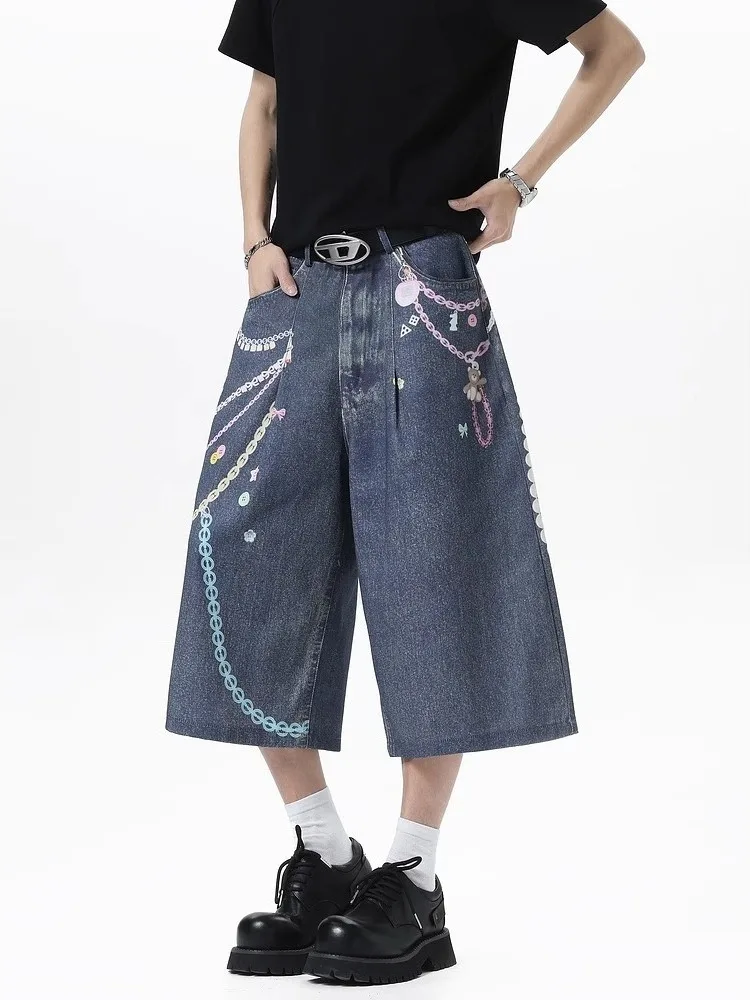 

Retro American Chain 3D Printed Loose Wide Leg Jeans Short for Men Trendy Casual mid Waist Seven-Foot Pants