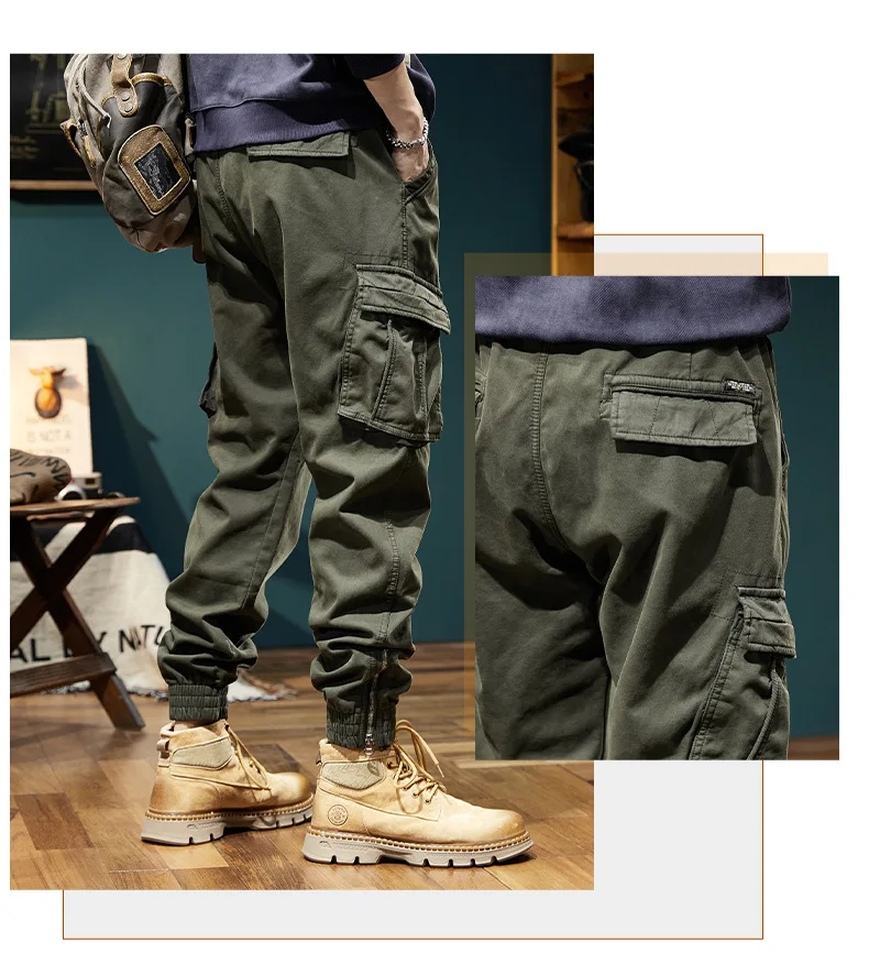 Men Winter Warm Fleece Work Pants Multi Pocket Thick Ankle Length Streetwear Korean Style M14