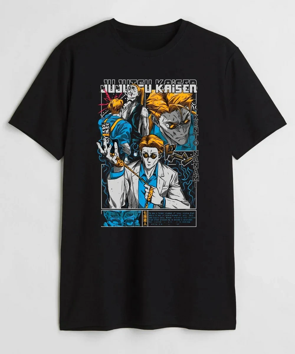 Koszulka graficzna z postaciami anime Jujutsu Kaisen: Satoru Gojo, Kento Nanami, Toji Fushiguro, męska odzież uliczna na lato 2025, czarna, bawełna.