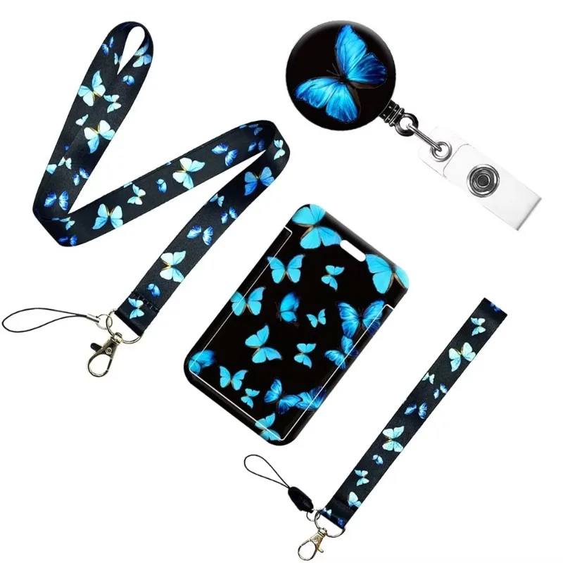 1PC Blue Butterfly Retractable Badge Reels Carabiner Reel Clip on ID Holders Keys with Long/Short Lanyard Nurse Accessories