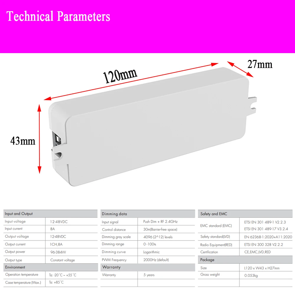 Fade-In Fade-Out Push Rf Led Dimmer V1-F 5 Fading Speed Push Dimming Dc 12V 24V 36V 48V Match Met 2.4G Afstandsbediening