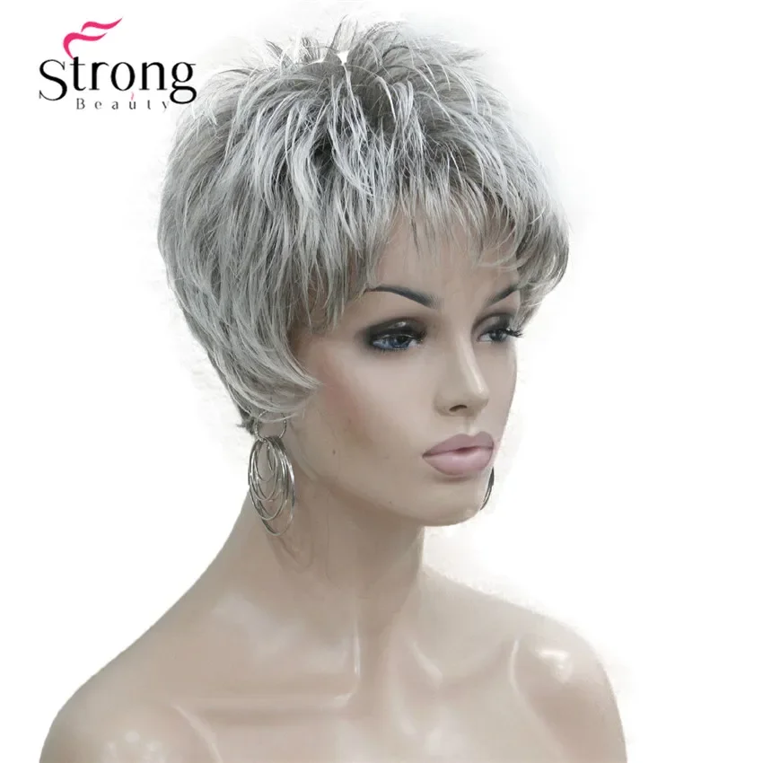

StrongBeauty Короткий многослойный серый серебряный парик с классической кепкой, полностью синтетический парик
