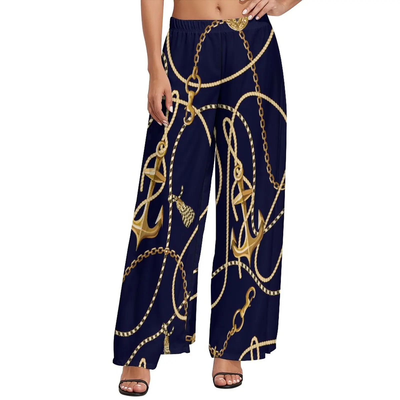 

Gold Chains Print Pants Anchor Korean Fashion Straight Wide Pants Elastic High Waist Office Trousers Large Size