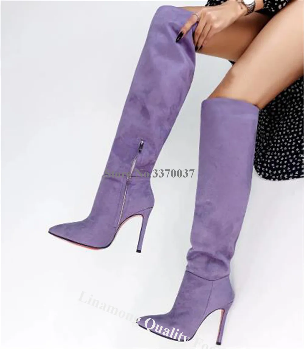 Linamong Purple Suede Thin Heel Knee High Boots Elegant Pointed Toe Stiletto Heel Long Boots Party Dress Heels Big Size