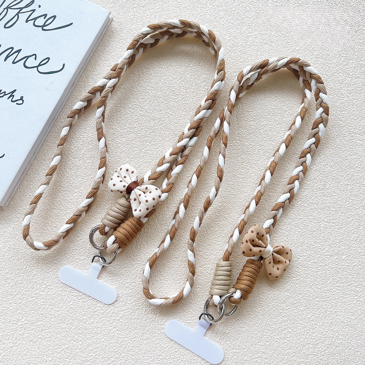 

Cute Coffee Twisted Lanyard - 3-Strand, Polka Dot/Bow Braided Long Strap + Clip, Crossbody or Neck, Fits Phone Cases for Her