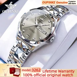 OUPINKE Original Tungsten Steel Automatic Machinery Women's Watch Luxury Brand Waterproof Double Calendar Sapphire Women's Watch