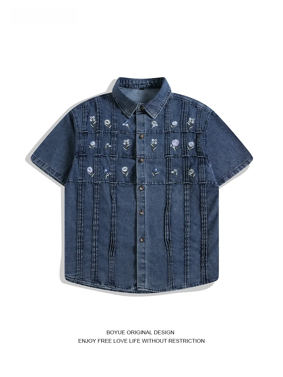 

Boyue Water Waed ort Sve Denim irt Men's Retro Workwear Embroidery Ins Couple Tops Loose Fit Youthful Summer irt