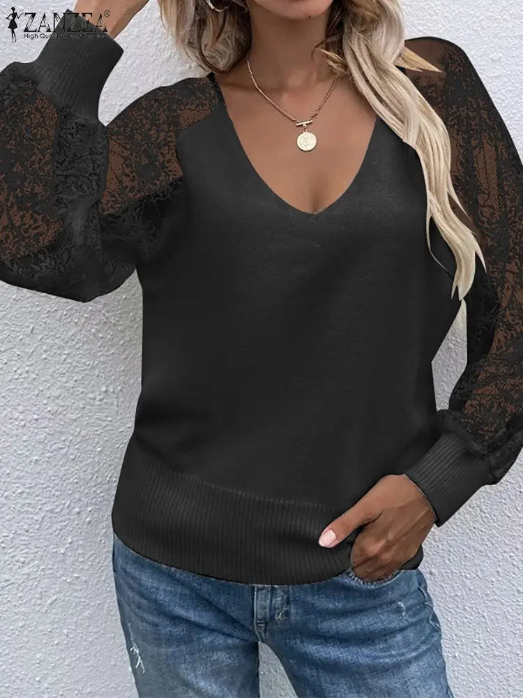 ZANZEA Long Sleeve 2023 Fashion Shirts Sexy V Neck Casual Autumn See-through Blouse Women Elegant Lace Splicing Knitted Tops