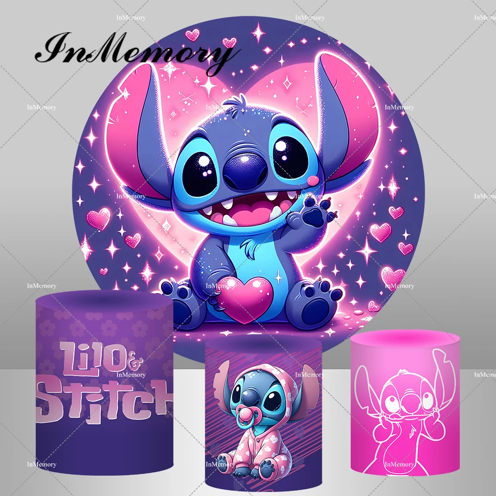 Hot Pink Purple Girls Lilo & Stitch Theme Circle Round Backdrop Cover Kids Baby Shower Birthday Party Backgrounds Plinth Covers