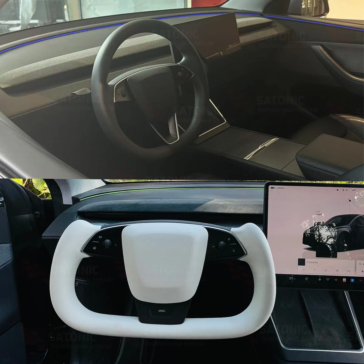Fotografia 3: Volante SATONIC de 350mm para Tesla Modelo 3 2026 |   Couro Aquecido e Cores Personalizáveis |   Compatibilidade OEM V3