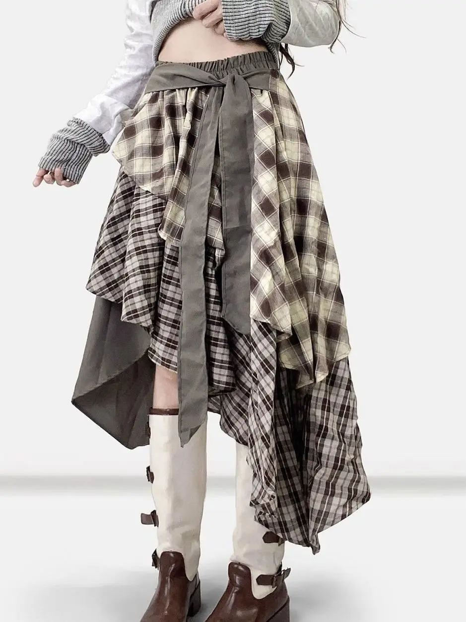 Y2k Clothes Elastic Waist Irregular Ruffle Plaid Skirts Layered Tiered Skirt A-line Dance New Sweet Girls Punk Goth Skirt Dress
