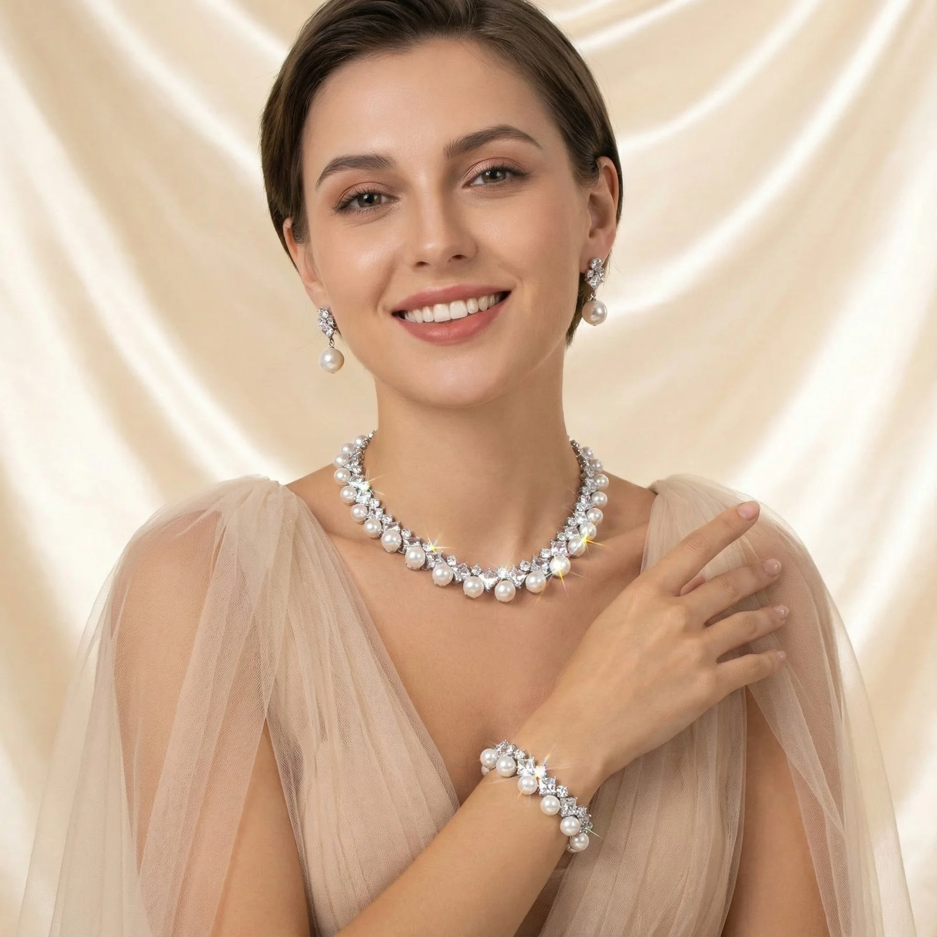 

European Fashion Versatile Pearl Necklace Earrings Set Elegant Women Clavicle Chain Tassel Dangle Earrings Jewelry